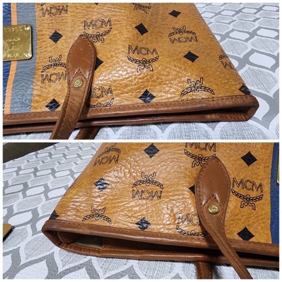 Authentic MCM Visetos Dog Bone Striped Shopper Tote Bag Brown - Picture 8 of 13